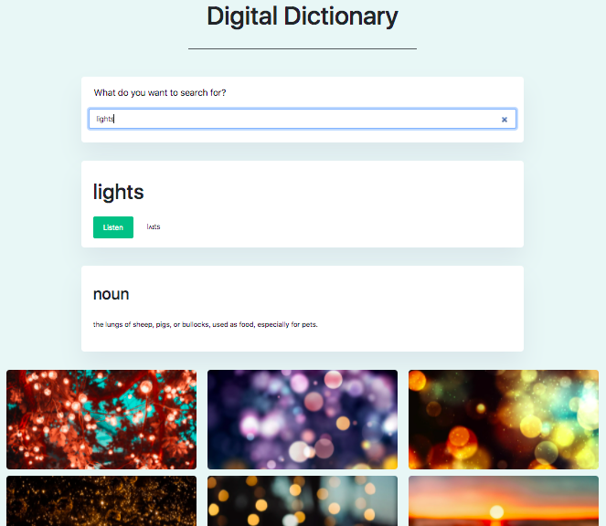 front-end developer dictionary application coded in react by kayla shovlowsky